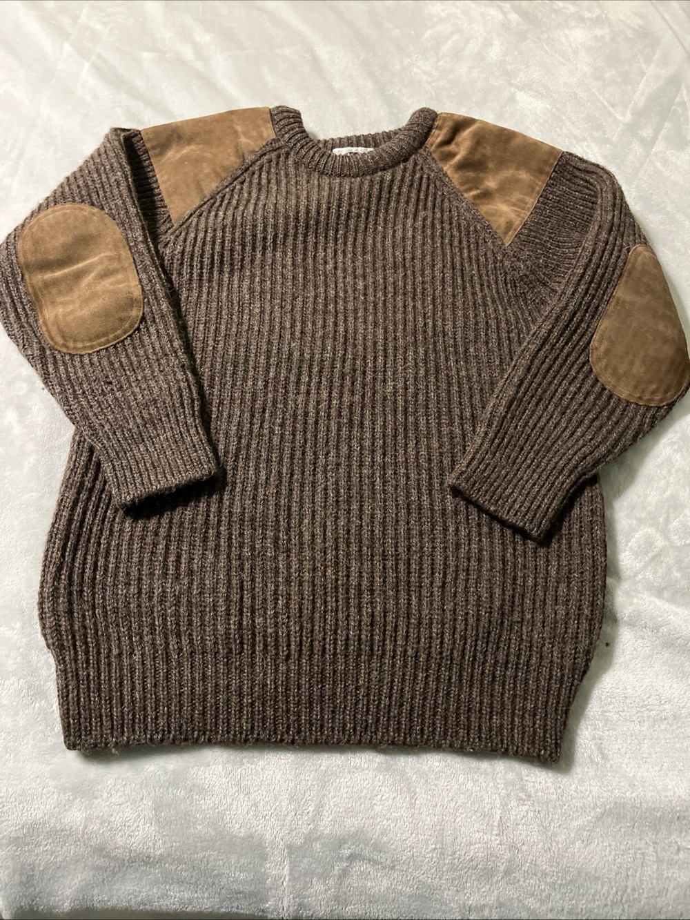 Black Sheep Brown Sweater Men M Oiled Wool Suede Elbow Shoulder Patches 100%Wool